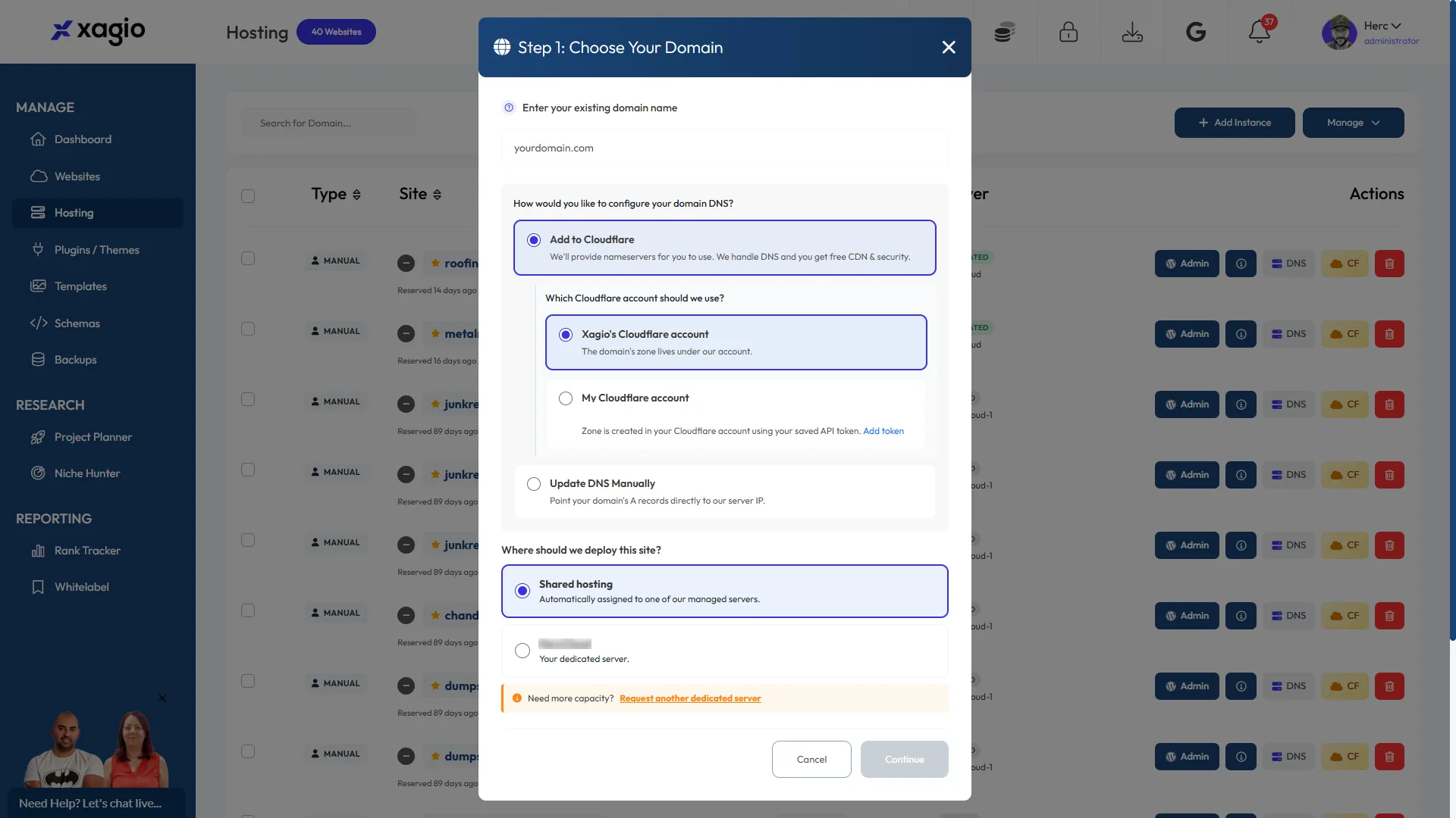 Xagio choose your domain and DNS setup step